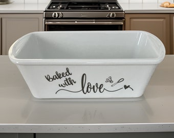 Loaf pan custom with handwritten recipe, personalized baking dish, artwork engraved on inside and outside of porcelain pan, 10x5”x3.25”