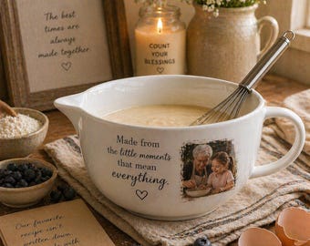 Large 84 oz Batter Bowl with Handle & Spout – Personalized Mixing Bowl – Pancake Baking Bowl – Custom Recipe or Photo Gift – Kitchen Gift