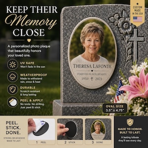 May include: An oval memorial photo plaque featuring a portrait of a person, the name Theresa Lafonte, the text Forever in our hearts, and the dates 1950-2021. The plaque measures 3.5 inches by 4.75 inches and includes a peel-and-stick adhesive backing.