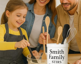 Personalized Utensil Holder, Custom Family Name Kitchen Organizer, Meaningful Gift for Mom, Housewarming Gift, Ceramic 7” Holder