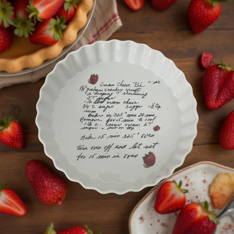May include: A white ceramic fluted pie dish featuring a handwritten recipe for Cream Cheese Pie in black ink, decorated with small strawberry illustrations. The dish is surrounded by fresh red strawberries on a dark wooden surface.