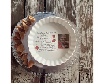 Pie dish personalized with handwritten recipes, custom artwork, text or photos baked to perfection, 2” Deep x 10.5”, Art work under  glaze