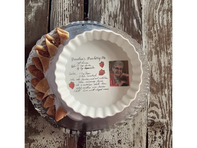 Pie dish personalized with handwritten recipes, custom artwork, text or photos baked to perfection, 2” Deep x 10.5”, Art work under glaze image 5