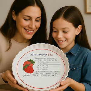 Pie Dish personalized with handwritten RECIPE, photos, display pie pan, High Quality, Handwritten Family Recipe, 2” deep, 10.5'