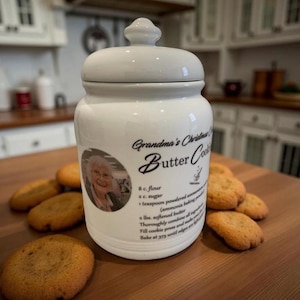 Cookie jar personalized with handwritten recipe or photo, generously sized air tight porcelain canister, Custom photo Christmas gift, 11”