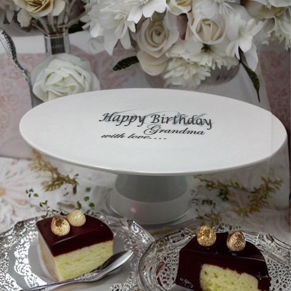 Cake stand personalized gift with photos, handwritten recipes, any designs, 12" plate  on pedestal, all artwork preserved under glaze