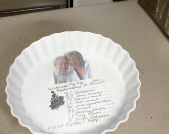 Pie Dish personalized with handwritten RECIPE, photos, display pie pan, High Quality, Handwritten Family Recipe, 2” deep, art under glaze