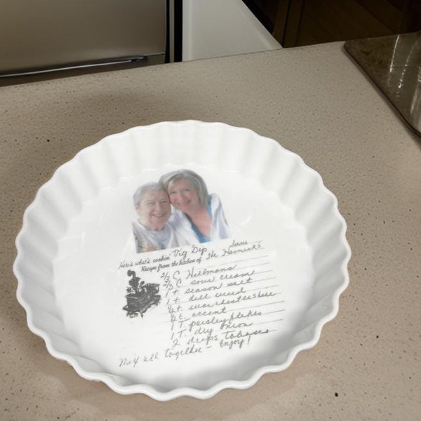 Pie Dish personalized with handwritten RECIPE, photos, display pie pan, High Quality, Handwritten Family Recipe, 2” deep, art under glaze