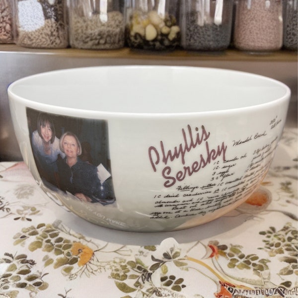 Bowl personalized with handwritten recipe, custom artwork or photos  and text, all artwork under glaze, 3.5 qt server, perfect wedding gift