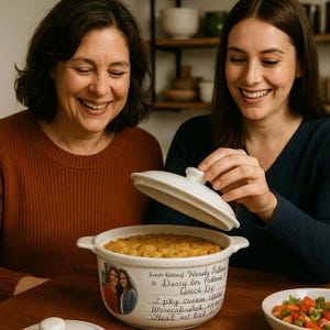 Personalized Handwritten Recipe Casserole Dish, Round Porcelain Cookware, 1.75qt