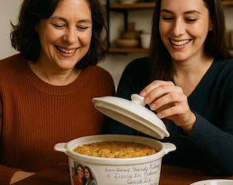 Personalized Handwritten Recipe Casserole Dish, Round Porcelain Cookware, 1.75qt