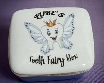 Trinket box for tooth fairy, personalized baby or kids tooth box, baby tooth keepsake box, new baby gift, custom art,porcelain, 4.25”x3.5”