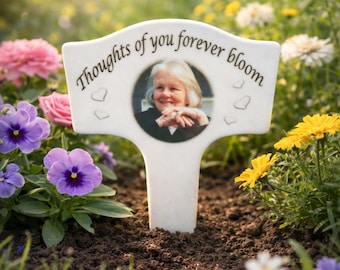 Personalized Memorial Garden Marker with Photo – Custom Porcelain Plant Stake, Sympathy Gift, Outdoor Remembrance, Weatherproof, 11”