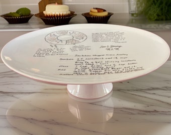 Cake plate personalized on stand,   handwritten recipe on cake stand,  12” custom  porcelain, all occasion gift and artwork under glaze