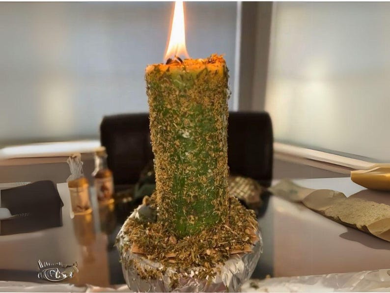 Puede incluir: Una vela verde con una capa de hierbas secas en la parte superior est&aacute; encendida y ardiendo. La vela est&aacute; sentada sobre una base cubierta de papel de aluminio plateado.