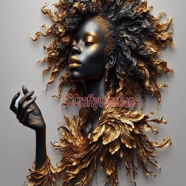 Sculpture Art, African Woman of Thoughts, Gold And Black Afro Portrait, Printable Wall Art, Ai Portrait, Print Digital Art, Office or Home