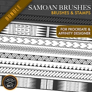 Pode incluir: Um download digital de pincéis e carimbos samoanos para Procreate e Affinity Designer. A imagem mostra um padrão preto e branco de desenhos tradicionais samoanos.