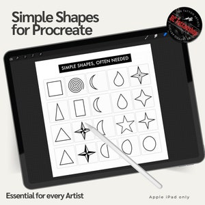 Pode incluir: Um desenho digital na tela de um tablet mostrando uma grade de formas simples, incluindo círculos, quadrados, triângulos, estrelas e gotas. O texto "Formas simples, frequentemente necessárias" está no topo da grade.