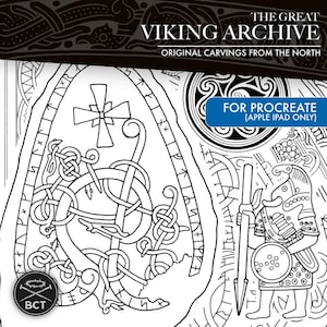May include: Black and white line art illustration of a Viking warrior holding a spear and shield. The warrior is wearing a helmet with horns and a tunic with intricate designs. The illustration is labeled "The Great Viking Archive" and "For Procreate (Apple iPad Only)".