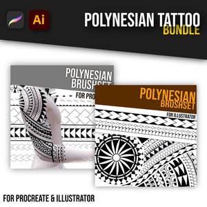 Op de afbeelding: Een digitale illustratie van een Polynesische tattoo-penseelset voor Procreate en Illustrator. De afbeelding toont een zwart-wit ontwerp van een Polynesische tattoo op een arm, samen met verschillende andere ontwerpen, waaronder randen en een cirkelvormig patroon.