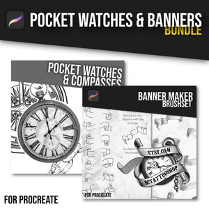 May include: A digital brush set for Procreate featuring a banner maker brush set and a pocket watch and compass brush set. The banner maker brush set includes a variety of ribbon and banner shapes. The pocket watch and compass brush set includes a variety of pocket watch and compass designs. The brush set is available for purchase on Etsy.com at BCTATTOOSHOP.