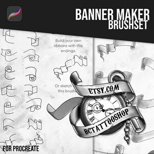 May include: A black and white image showing a set of banner maker brushes for Procreate. The image shows a variety of banner shapes and styles, including scrolls, ribbons, and flags. The text "Build your own ribbons with this endings." and "Or sketch with this brush" is visible in the image. The text "ETSY.COM" and "BCTATTOOSHOP" is also visible in the image.