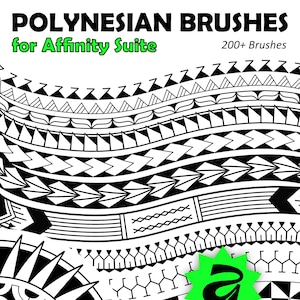 Könnte beinhalten: Digitalgrafik mit dem Text "POLYNESIAN BRUSHES for Affinity Suite" in Schwarz und Grün. Das Bild zeigt schwarz-weiße polynesische Muster und Designs. Eine grüne Sternform mit dem Buchstaben "a" ist ebenfalls vorhanden.