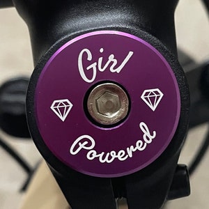 Legit Headset Caps brand custom headset cap for bicycle with laser etched "Girl Powered" text, standard 1 & 1/8" size fits most bikes