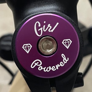 Legit Headset Caps brand custom headset cap for bicycle with laser etched &quot;Girl Powered&quot; text, standard 1 & 1/8&quot; size fits most bikes