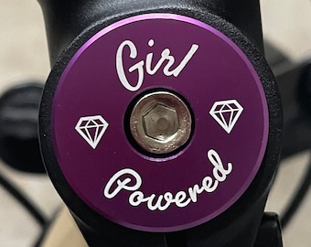 Legit Headset Caps brand custom headset cap for bicycle with laser etched "Girl Powered" text, standard 1 & 1/8" size fits most bikes