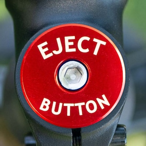 Legit Headset Caps brand custom headset cap for bicycle with laser etched "Eject Button" text, standard 1 & 1/8" size fits most bikes