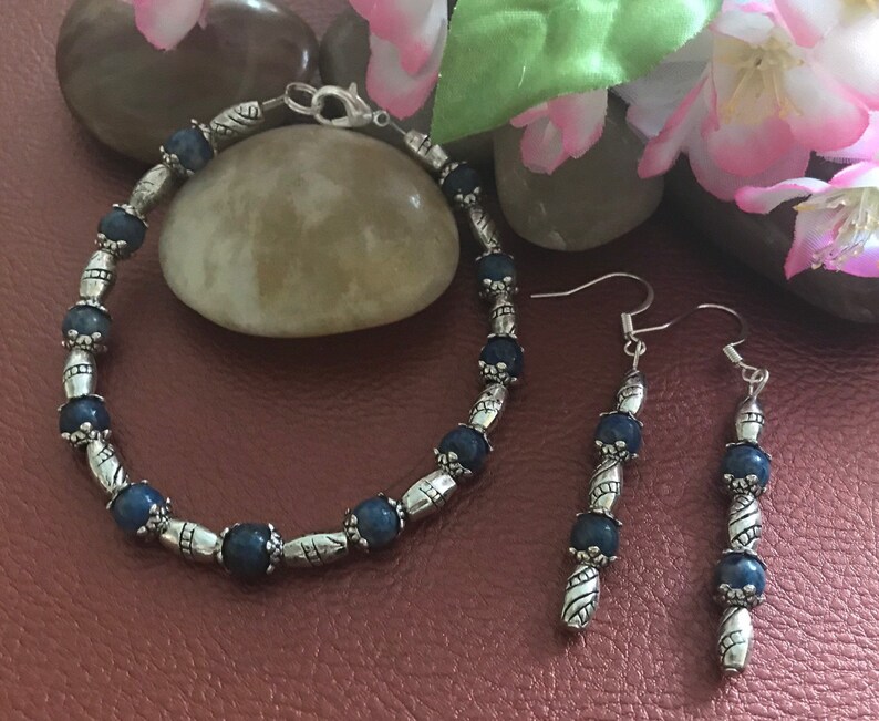 Lapis Lazuli /& Silver Bracelet 8\u201d with Matching Earrings 2\u201d.