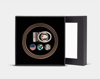 Personalized Golf Gift Set, Custom Sport Gift Set USA,  Patriotic Golf Ball Markers & Belt, Gift for Golfer, Gift for Patriotic Friend