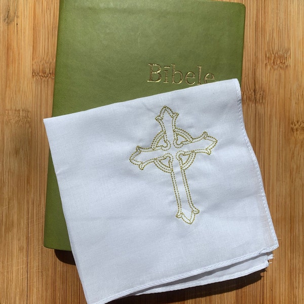 Delicate CROSS HANDKERCHIEF for Boy or Girl, Christening, Baptism | Gift Envelope Included |  Personalization Name & Date | Cotton