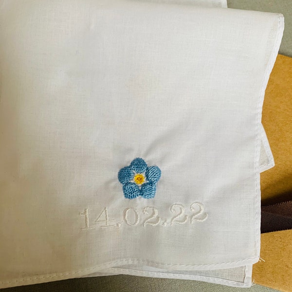 Personalized Forget-me-nots Handkerchief | Gift Envelope Included | Embroidered Pocket Square | Floral | Memories Heartwarming