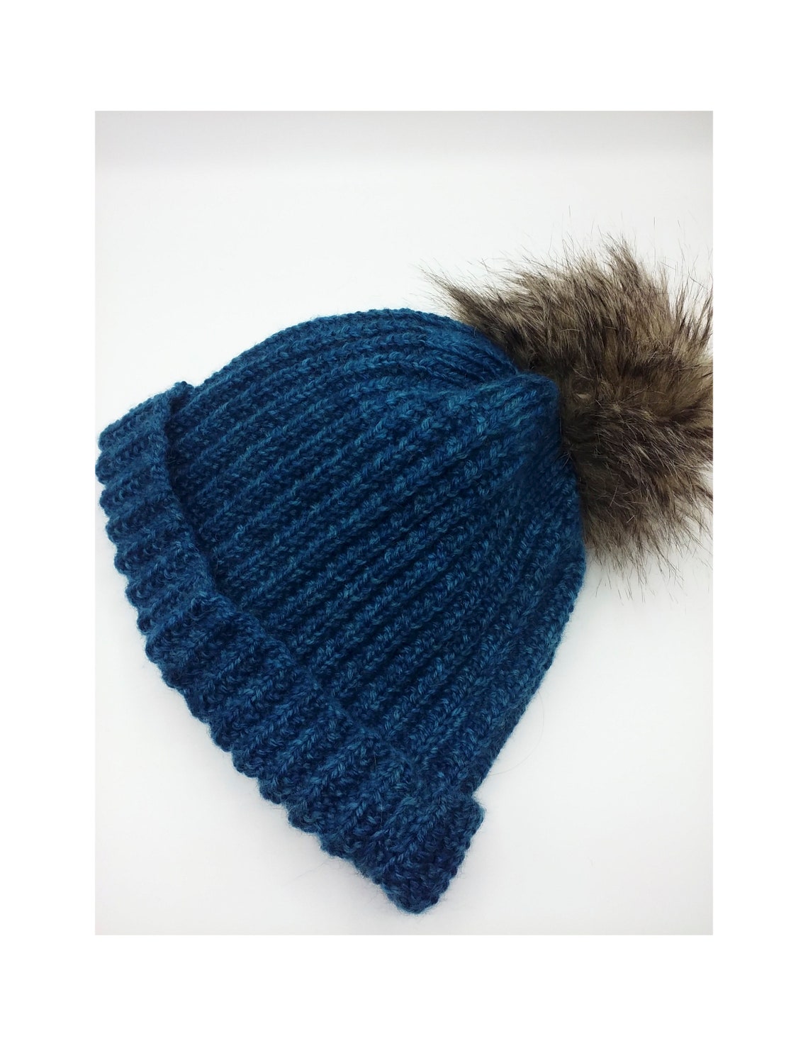 Hand Knit Ribbed Wool Hat with Faux Fur PomPom Etsy