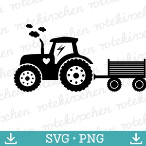 Pode incluir: Silhueta preta de um trator com reboque. O trator tem rodas grandes, um detalhe de coração e um símbolo de raio. O reboque tem uma plataforma retangular e duas rodas. Inclui o texto "SVG • PNG".
