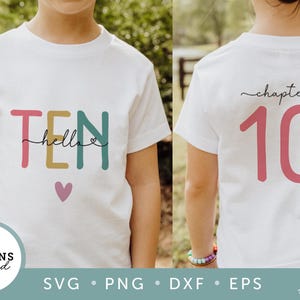 Capítulo 10 Cumpleaños SVG - Hola Diez | Paquete de 4 diseños | Archivo para plotter para camiseta de cumpleaños de niña con número de cumpleaños | SVG en capas