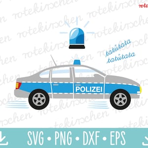 以下が含まれることがあります： ドイツのパトカーの漫画イラスト。車体はグレーとブルーで、「POLIZEI」の文字が側面にあります。車の真上には青いサイレンがあります。「SVG • PNG • DXF • EPS」の文字も含まれています。