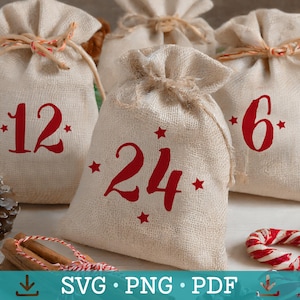 May include: Advent calendar bags made of beige burlap, tied with twine, and featuring red numbers and stars. The numbers 6, 12, and 24 are visible. The bags are part of a holiday-themed craft project.
