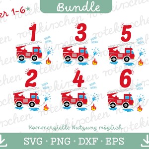 Op de afbeelding: Een bundel digitale illustraties met rode brandweerwagens met de nummers 1-6, watersproeiers en vlammen. De tekst "Bundle" en "Alter 1-6" zijn ook aanwezig. De afbeelding is ontworpen voor commercieel gebruik en bevat SVG-, PNG-, DXF- en EPS-bestandsformaten.