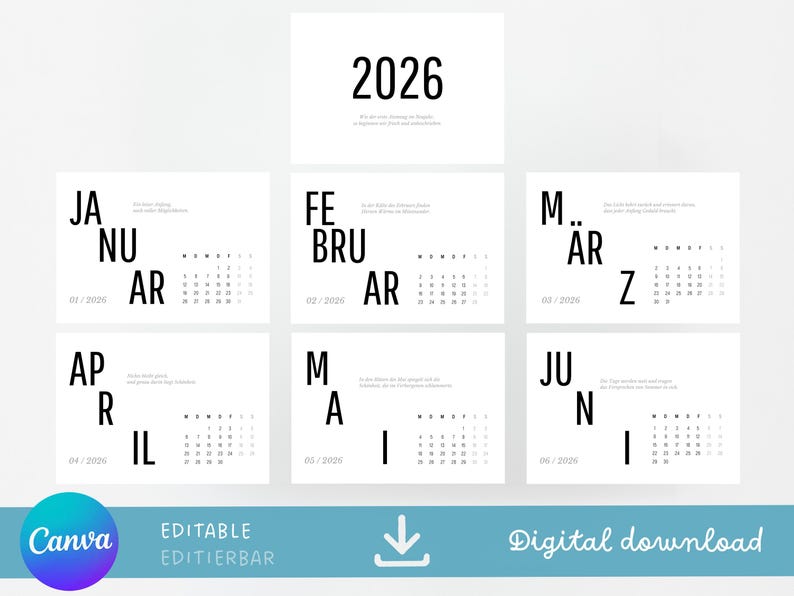 Kalender 2026 zum Ausdrucken, personalisierbar | Canva-Vorlage DIN A5