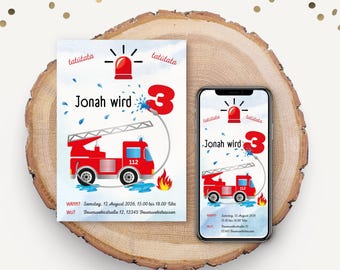 Feuerwehr Einladung Geburtstag -  Karte & E-Card, Wunschalter, personalisierbare Canva Vorlage,  Feuerwehr Party, Printable Download