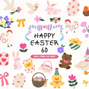 Może przedstawiać: Zbiór ilustracji o tematyce wielkanocnej, w tym króliczki, pisklęta, jajka, kwiaty i pluszowy miś. Fraza "HAPPY EASTER 60" jest wyświetlana pośrodku. Paleta kolorów jest miękka, z pastelowymi różami, żółciami i błękitami.