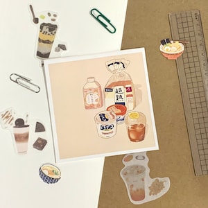 May include: A collection of Japanese food and drink stickers, including a cup of boba tea, a bowl of ramen, a carton of milk, a bag of flour, and a cup of yogurt. The stickers are on a white background.