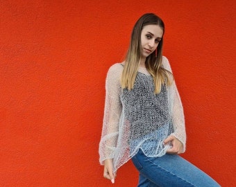 Sheer knitted mohair sweater with boat neckline in white color soft sexy cobweb sweater wedding sweater