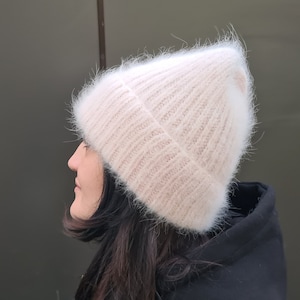 Knitted pink angora hat Fluffy warm beanie women gift Gift for her powdery Beanie hat cap Angora warm hat family look