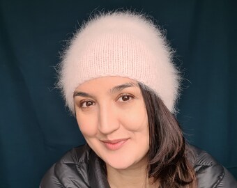 Angora Rabbit Hair Cozy Beanie Hat Fuzzy.  Light Pink / Gray.  FUJA Brand Knit Beanie Hat Real Angora Rabbit Fur Slouchy Skull Cap for  main image 4