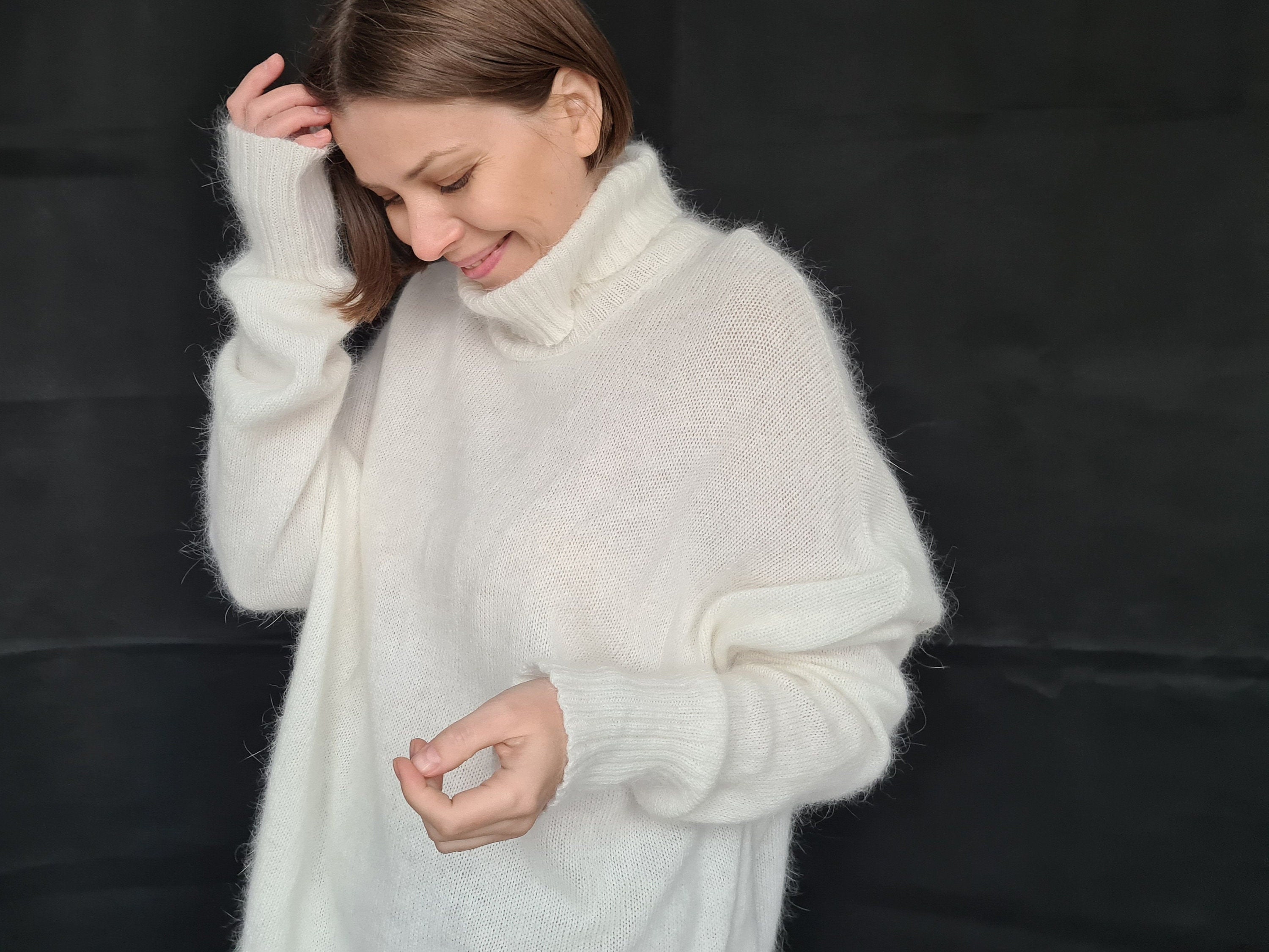 Angora White Knitted Sweater With Long Sleeve and Stand Collar