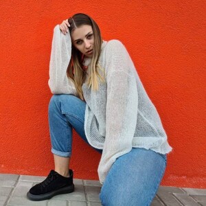 Sheer knitted mohair sweater with collar in white color soft sexy cobweb sweater wedding sweater